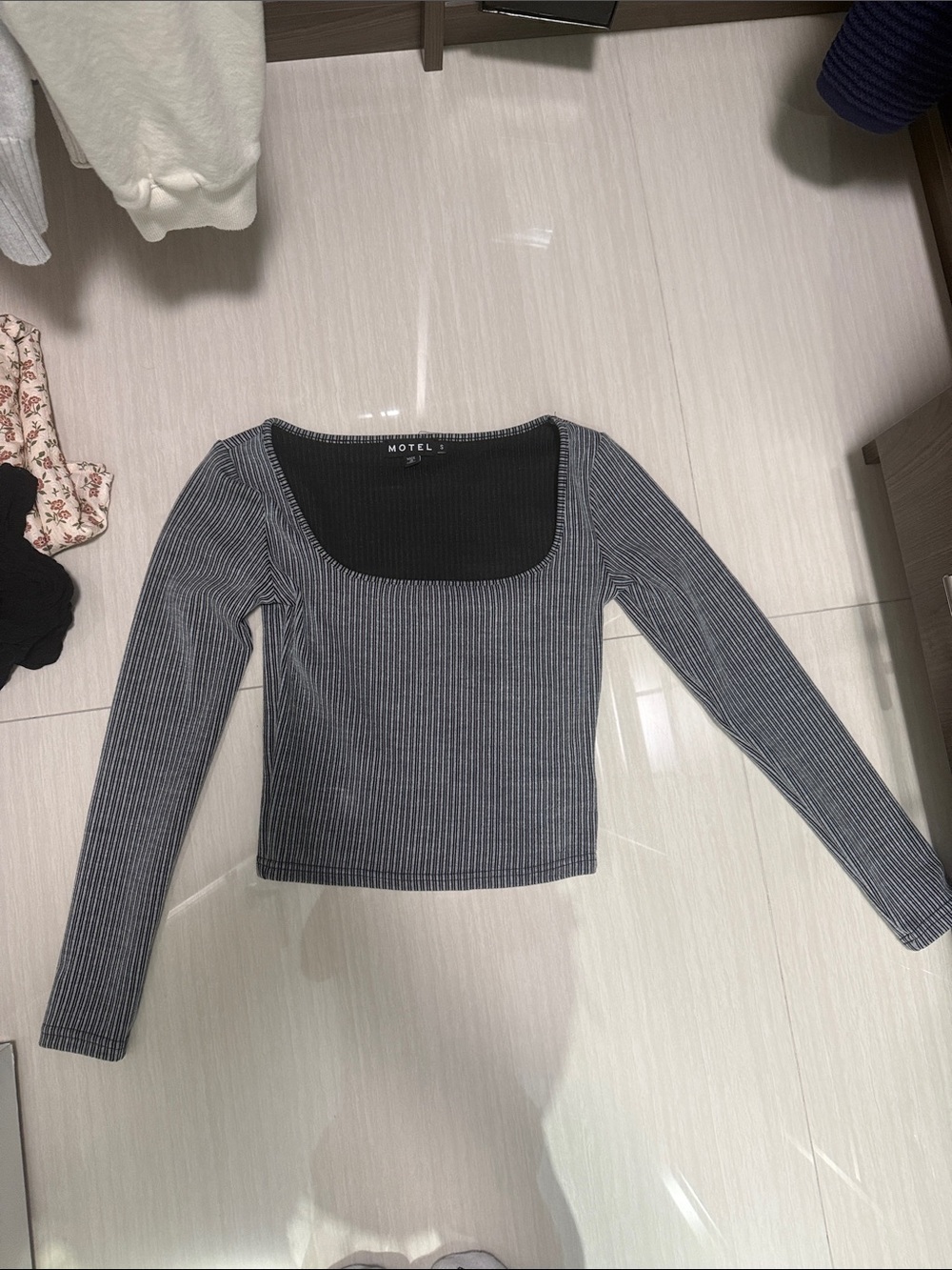 Motel Rocks Charcoal Ribbed Square Neck Long Sleeve Top with White Pinstripe